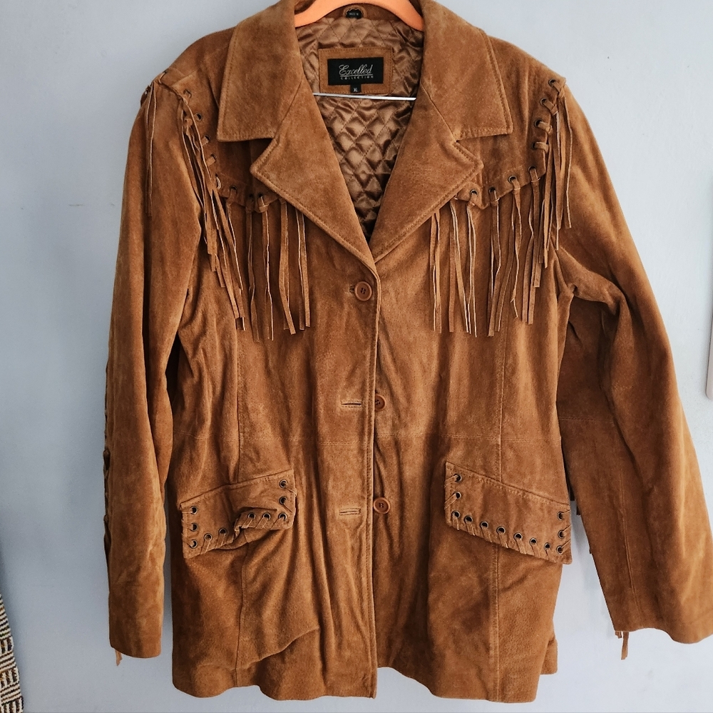 Mens Jacket VTG Brown Leather Suede Fringed Western 70s Hippie Rancher XL